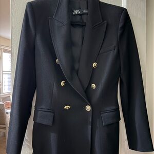 Zara Black Wool Women's Blazer with Gold Buttons